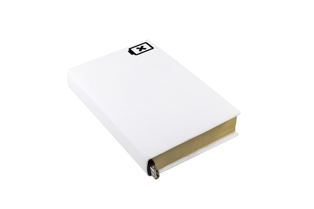 Book with a white cover and battery symbol on it. Battery dependence concept.の写真素材