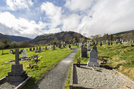 Glendalough National Park and Heritage center with ancient St. Kevin church and cemeteryのeditorial素材