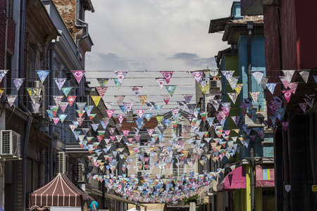 PLOVDIV, BULGARIA - JUNE 03, 2018 - Beautiful flags decoration during the Kapana fest in Plovdiv, Bulgaria.のeditorial素材
