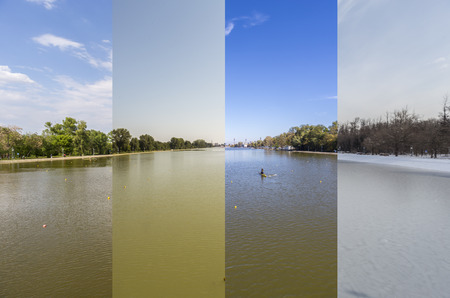 Four seasons concept. The effect of the 4 seasons on the urban environment. Four pictures of one place captured during one year and seamlessly blended in one photography composite.