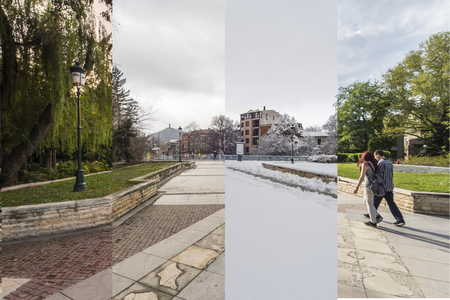 Four seasons concept. The effect of the 4 seasons on the urban environment. Four pictures of one...