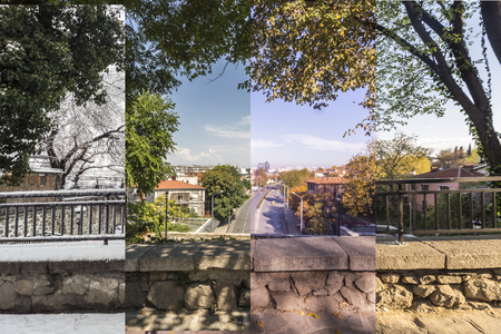 Four seasons concept. The effect of the 4 seasons on the urban environment. Four pictures of one...