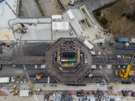 PLOVDIV, BULGARIA - JANUARY 05, 2019 - Main tower and stage for the opening event of European Capital of Culture - Plovdiv 2019. The process of building the structure on the boulevardのeditorial素材