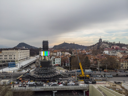 PLOVDIV, BULGARIA - JANUARY 05, 2019 - Main tower and stage for the opening event of European Capital of Culture - Plovdiv 2019. The process of building the structure on the boulevardのeditorial素材