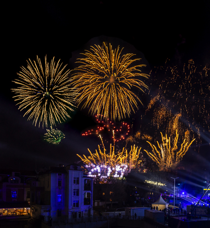 PLOVDIV, BULGARIA - JANUARY 12, 2019 - Fireworks display for the opening event of European Capital of Culture - Plovdiv 2019, Bulgaria.の写真素材
