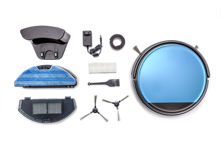 Robot vacuum cleaner parts and attachments isolated on white backgroundの写真素材