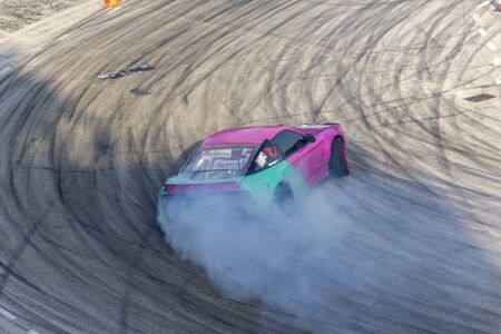 PLOVDIV, BULGARIA - JUNE 08, 2019 - Aerial view of drift car racing and time attack competition in...