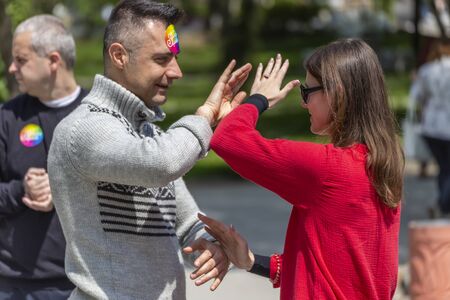 PLOVDIV, BULGARIA - APRIL 21, 2019 - Tai chi chuan training demonstration in a park in Plovdiv city in Bulgariaのeditorial素材