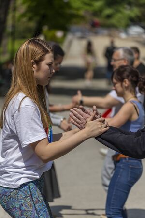 PLOVDIV, BULGARIA - APRIL 21, 2019 - Tai chi chuan training demonstration in a park in Plovdiv city in Bulgariaのeditorial素材