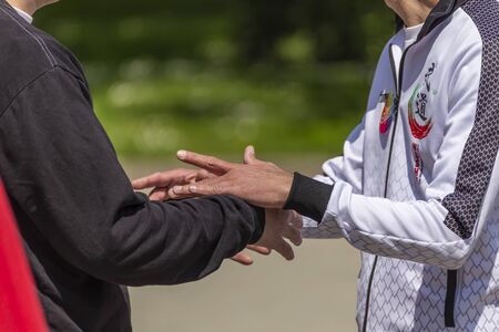 PLOVDIV, BULGARIA - APRIL 21, 2019 - Tai chi chuan training demonstration in a park in Plovdiv city in Bulgariaのeditorial素材