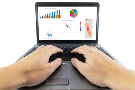 Low angle pow view of a man typing on a laptop keyboardの写真素材