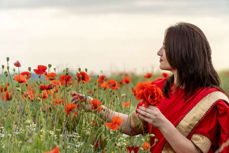Young woman dressed in a traditional Indian costume called Sari walking in a red poppy flower fieldの写真素材