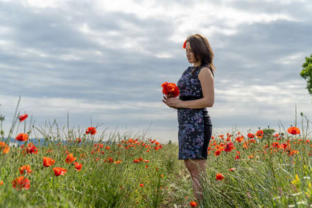 A young woman in a blue dress in a poppy flower field with beautiful clouds in the backgroundの写真素材