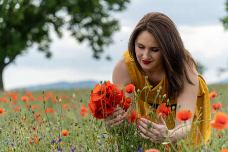 A young woman in a yellow dress in a poppy flower field with beautiful clouds in the backgroundの写真素材