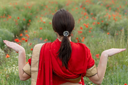 Young woman dressed in a traditional Indian costume called Sari walking in a red poppy flower fieldの写真素材