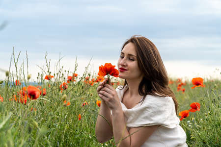 Young girl dressed in a white dress and a hat walking around a red poppy fieldの写真素材