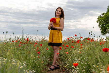 A young woman in a yellow dress in a poppy flower field with beautiful clouds in the backgroundの写真素材