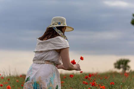 Young girl dressed in a white dress and a hat walking around a red poppy fieldの写真素材