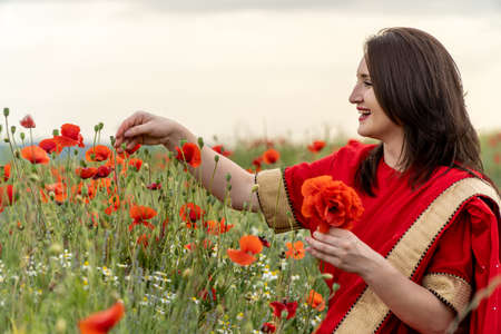 Young woman dressed in a traditional Indian costume called Sari walking in a red poppy flower fieldの写真素材