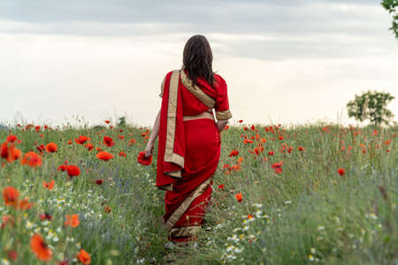 Young woman dressed in a traditional Indian costume called Sari walking in a red poppy flower fieldの写真素材