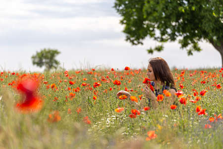 A young woman in a blue dress in a poppy flower field with beautiful clouds in the backgroundの写真素材