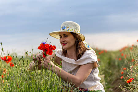 Young girl dressed in a white dress and a hat walking around a red poppy fieldの写真素材