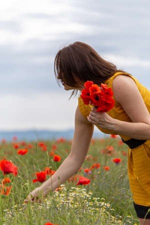 A young woman in a yellow dress in a poppy flower field with beautiful clouds in the backgroundの写真素材