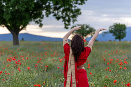 Young woman dressed in a traditional Indian costume called Sari walking in a red poppy flower fieldの写真素材