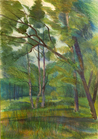 summer green park painted watercolorの写真素材