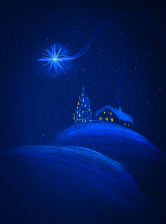 snow-covered house and Merry Christmasの写真素材