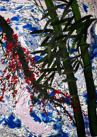 bamboo trees and plums branch on an abstract backgroundの写真素材