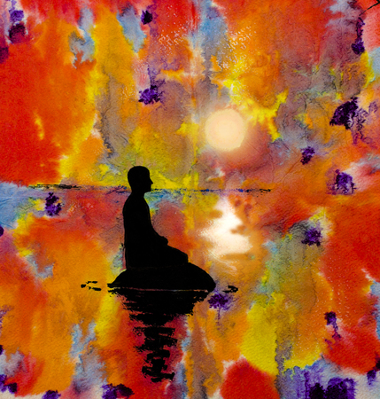 silhouette of a man in the lotus position on an abstract backgroundの写真素材