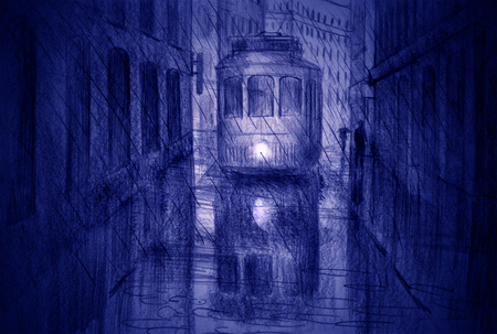 tramway on narrow city streets and summer rainの写真素材