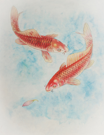 Two carp in water painted in Chinese styleの写真素材