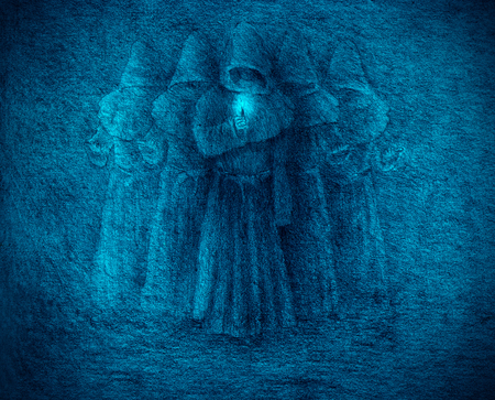 Five medieval monks with a candle