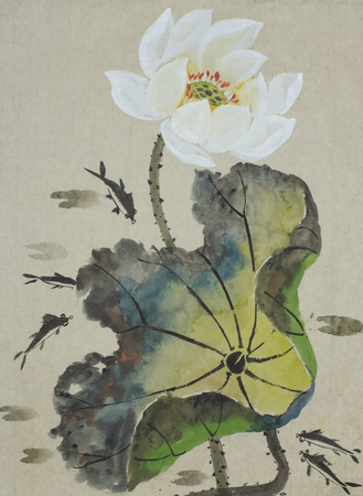 lotus flower and fishes painted in Chinese styleの写真素材