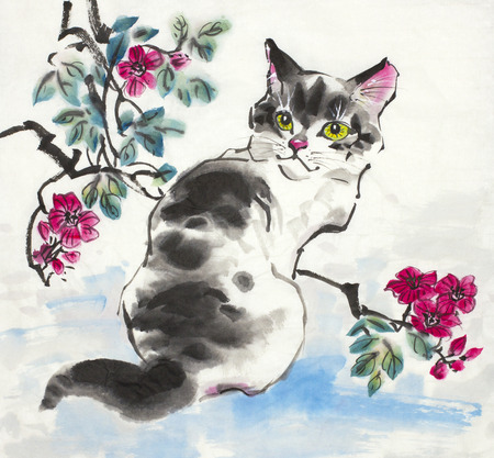 cat and flowers painted in Chinese styleの写真素材