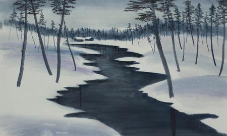 two houses by the river in a winter pine forestの写真素材