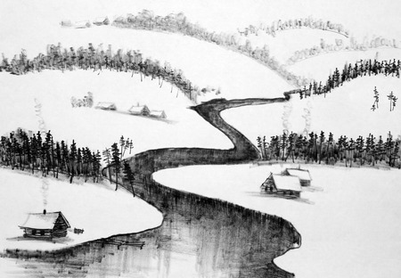 snowy winter river and housesの写真素材
