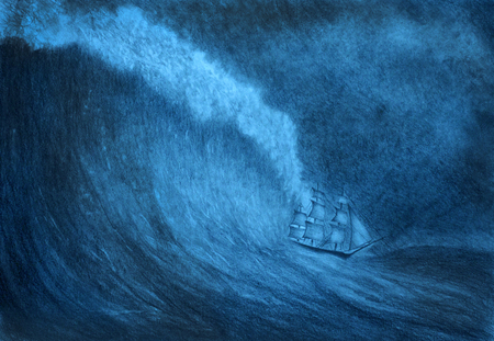 Sailing ship and a huge wave of tsunamiの写真素材