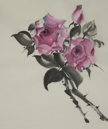 two pink roses painted in watercolorの写真素材