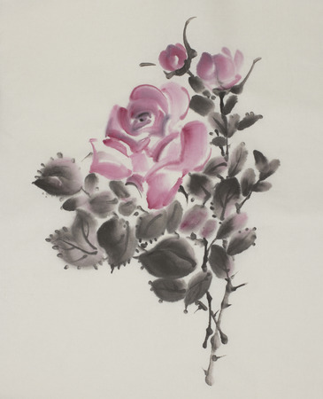 pink roses painted in watercolorの写真素材