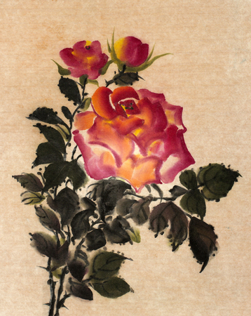 tender red roses on a beige backgroundの写真素材