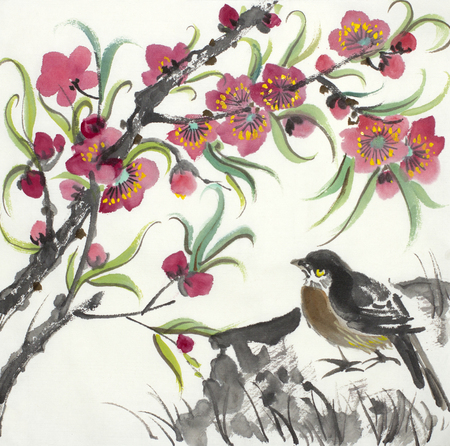flowering branch of a peach and a birdの写真素材