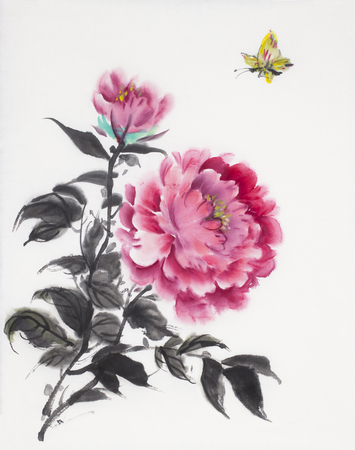 red peony and butterfly on a white backgroundの写真素材