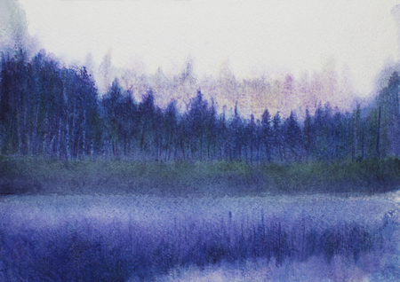 twilight and fog over the lakeの写真素材
