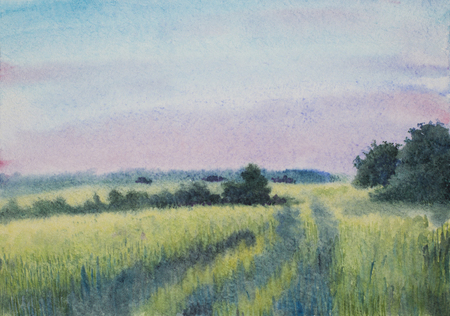 sunset over the summer field painted in watercolorの写真素材