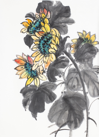 bright sunflower flowers on a light backgroundの写真素材