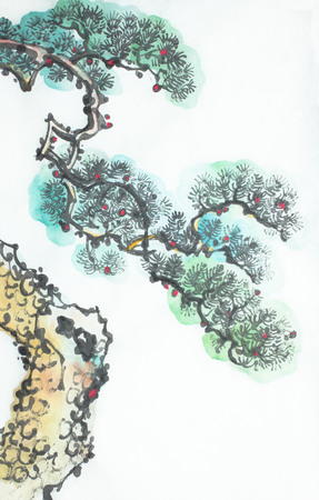 Pine tree on a light background painted in Chinese styleの写真素材
