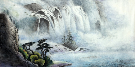 mountain landscape with a waterfall and treesの写真素材